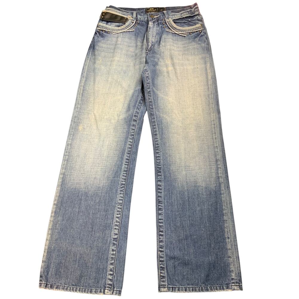 Akademiks Jeans 34 x 32 Y2K Baggy Wide Leg Studded Pocket Hip Hop Distressed